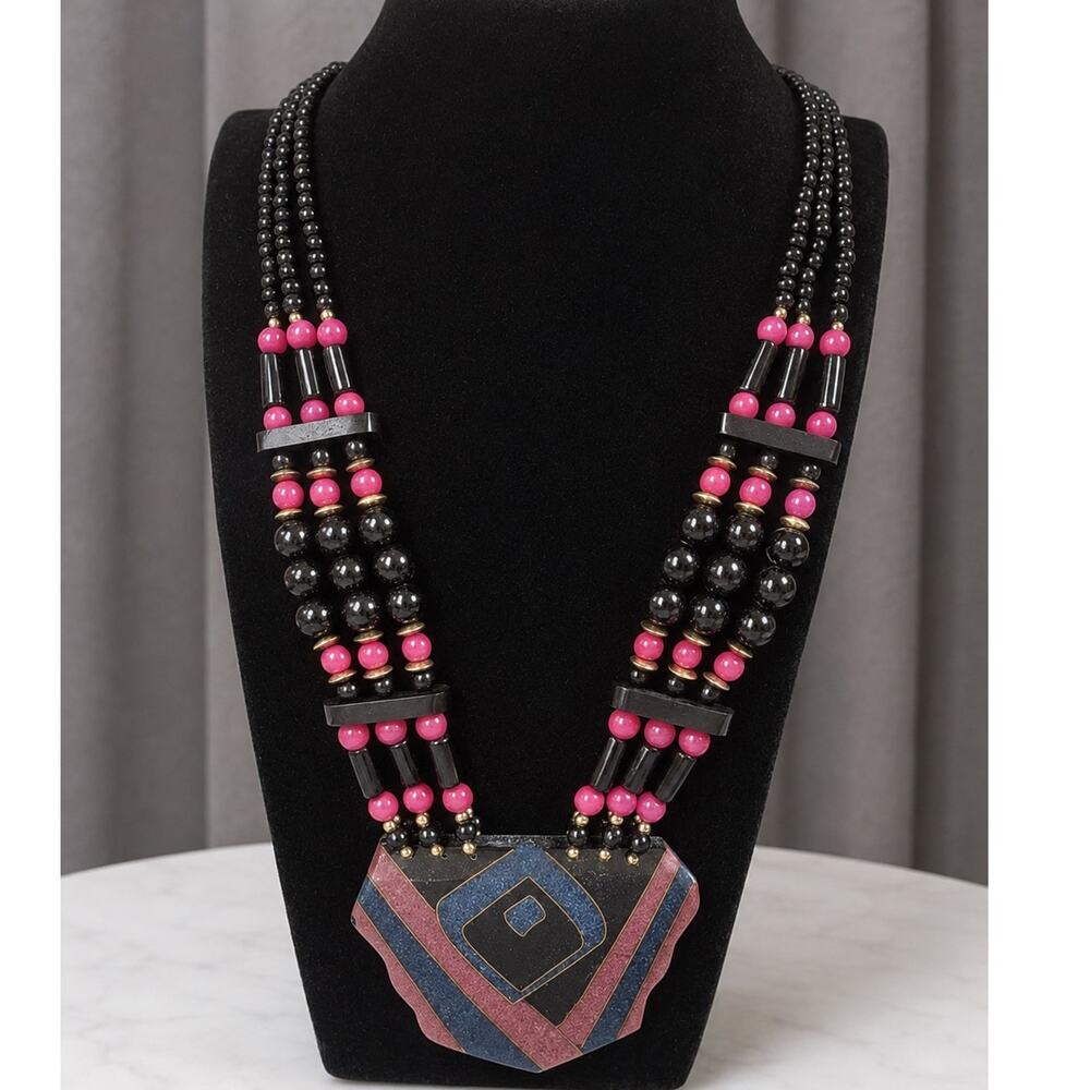 Vintage Multi Strand Black Burgundy Acrylic Beaded Statement Necklace